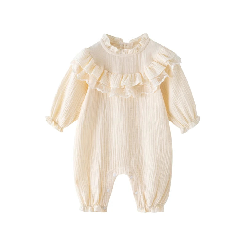 Cream Ruffled Long Sleeve Baby Romper